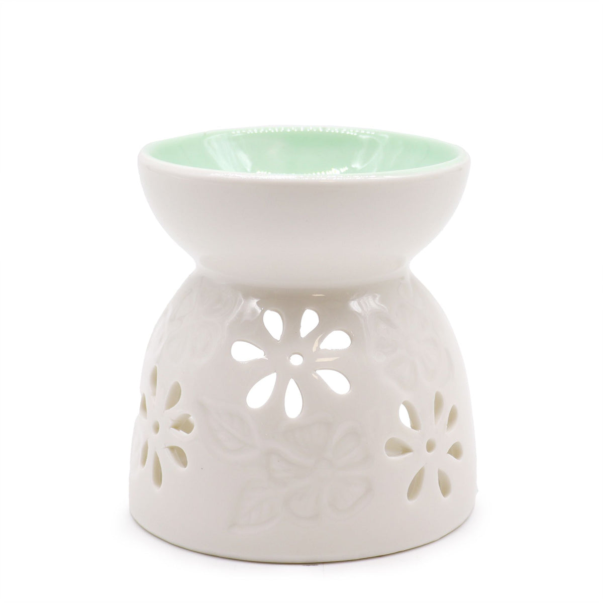 Bruciaessenze Classico in Ceramica Bianca - Floreale con Vaschetta Ottanio
