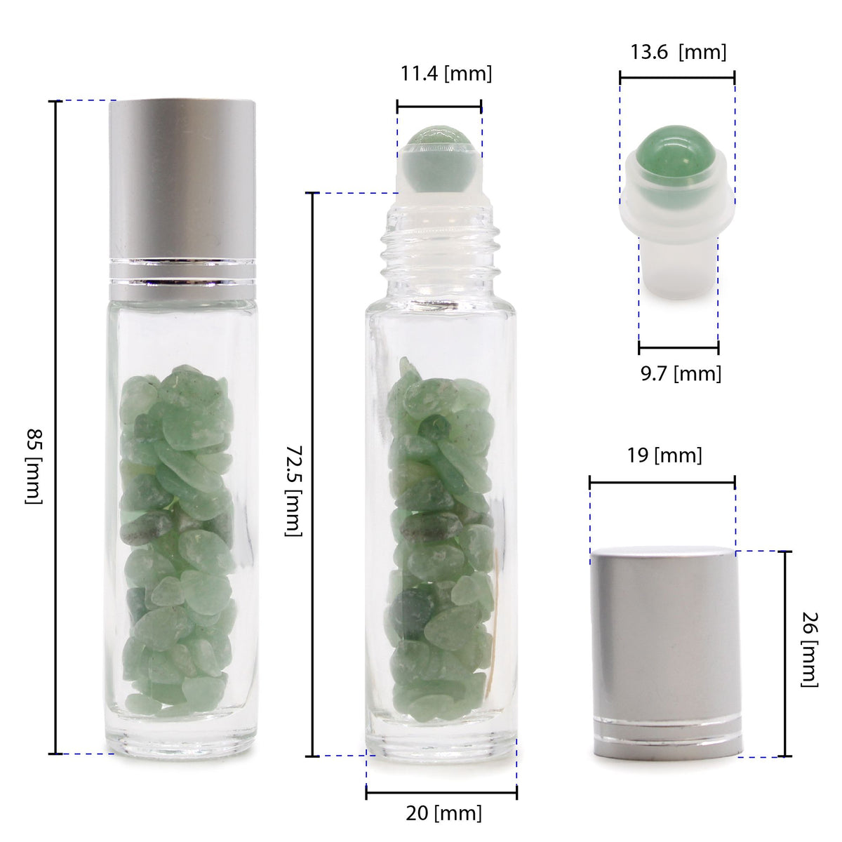 Flacone Roller per Oli Essenziali con Gemma - Quarzo di Rocca - Tappo Argento + Punta Roller in Gemma per Flacone 5ml