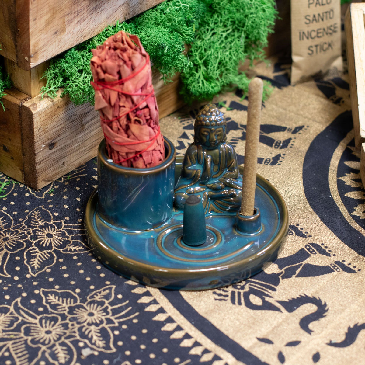 Piatto Portaincenso Buddha in Ceramica Blu - per Bastoncini e Coni