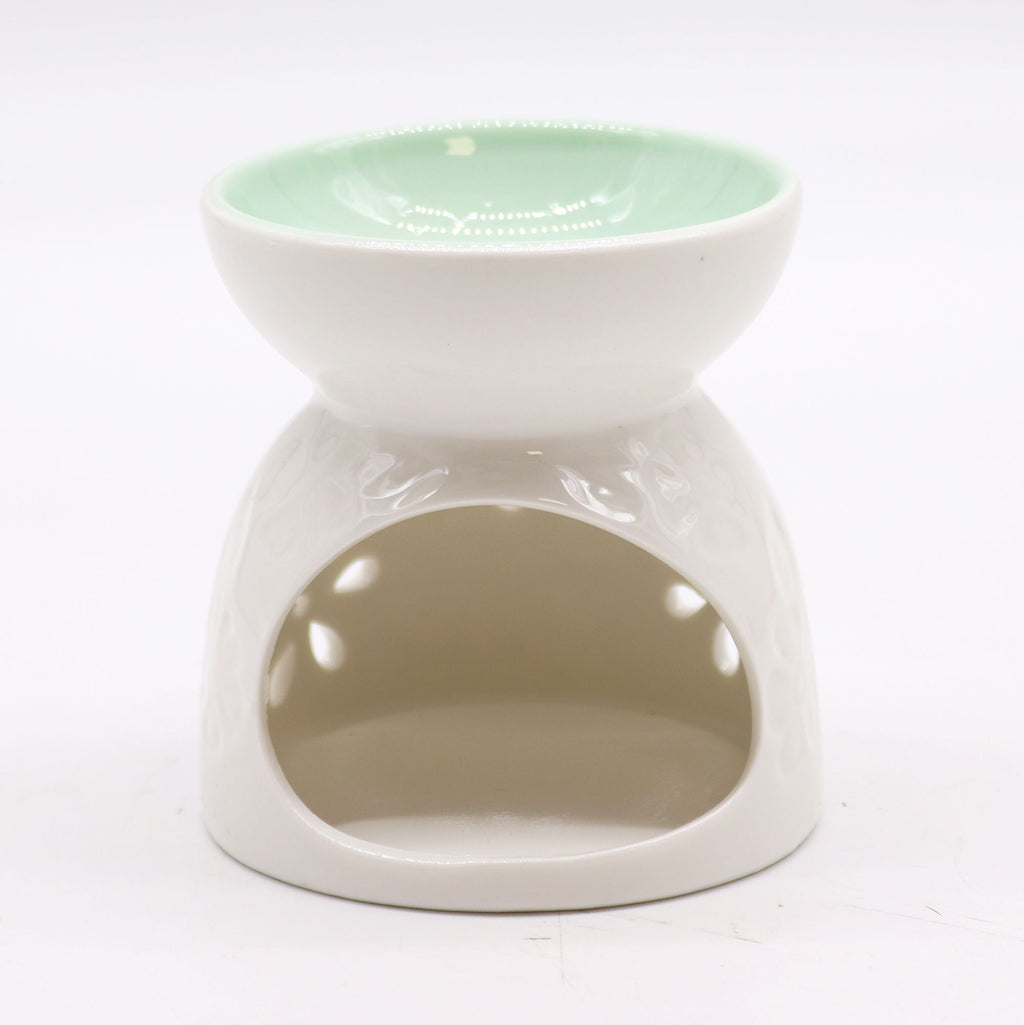 Bruciaessenze Classico in Ceramica Bianca - Floreale con Vaschetta Ottanio