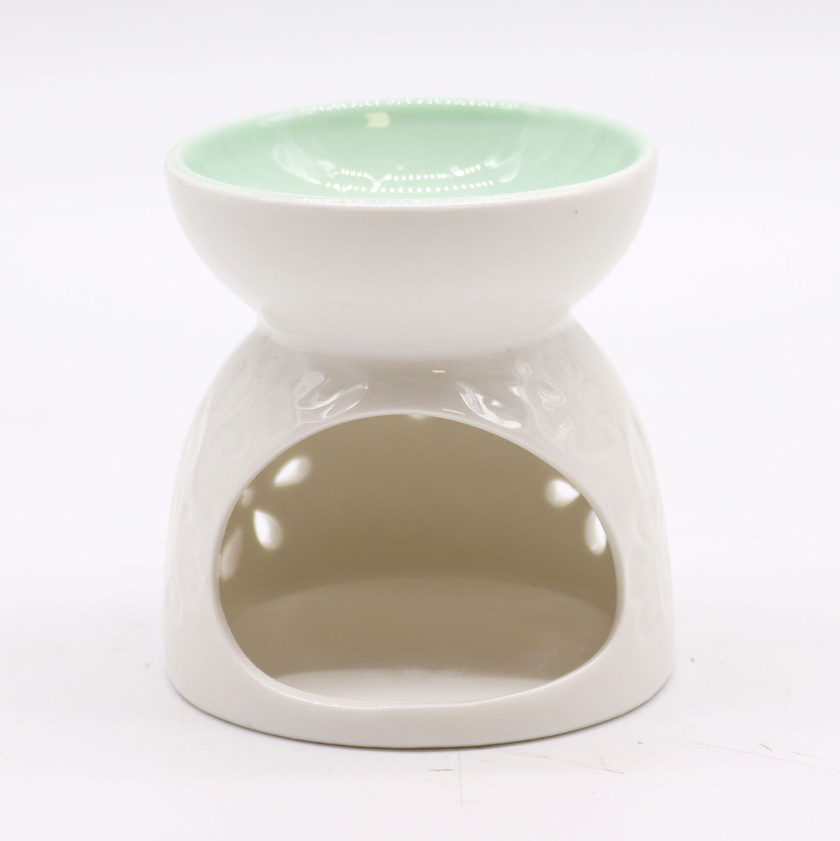 Bruciaessenze Classico in Ceramica Bianca - Floreale con Vaschetta Ottanio