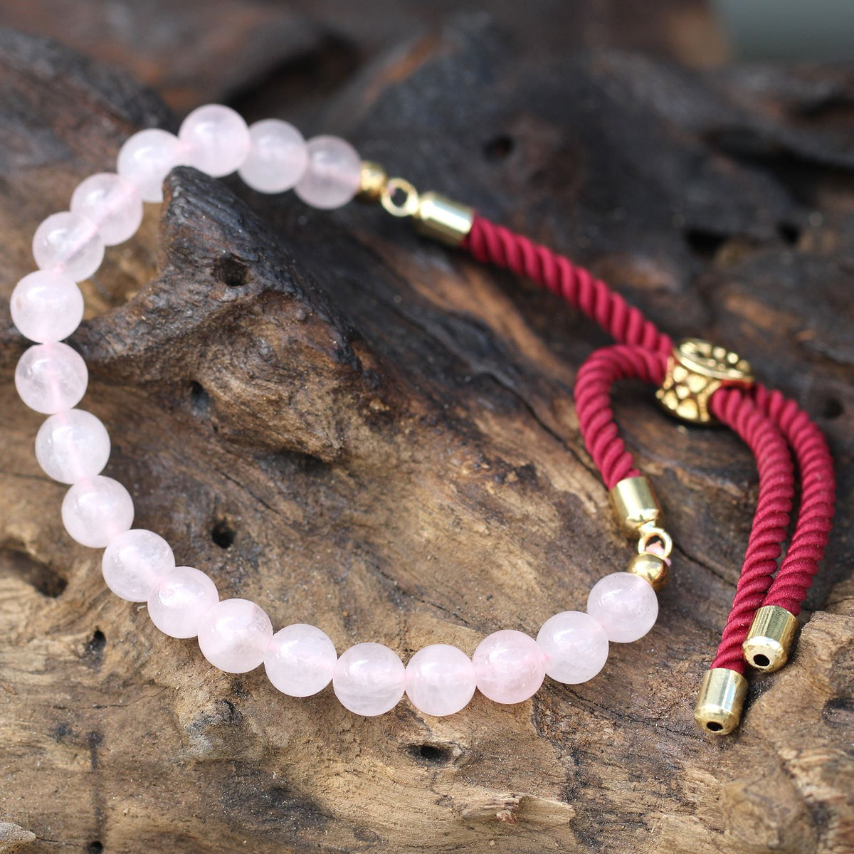 Bracciale con Cordino Bordeaux Placcato Oro 18K - Quarzo Rosa
