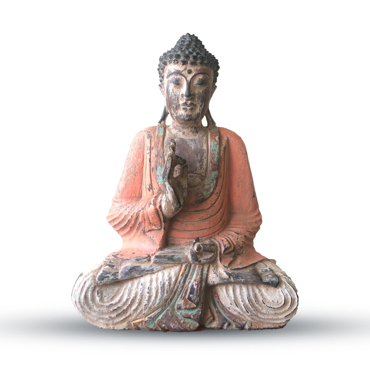Statua Buddha Vintage Arancione Scolpita a Mano - 40cm - Trasmissione dell'Insegnamento