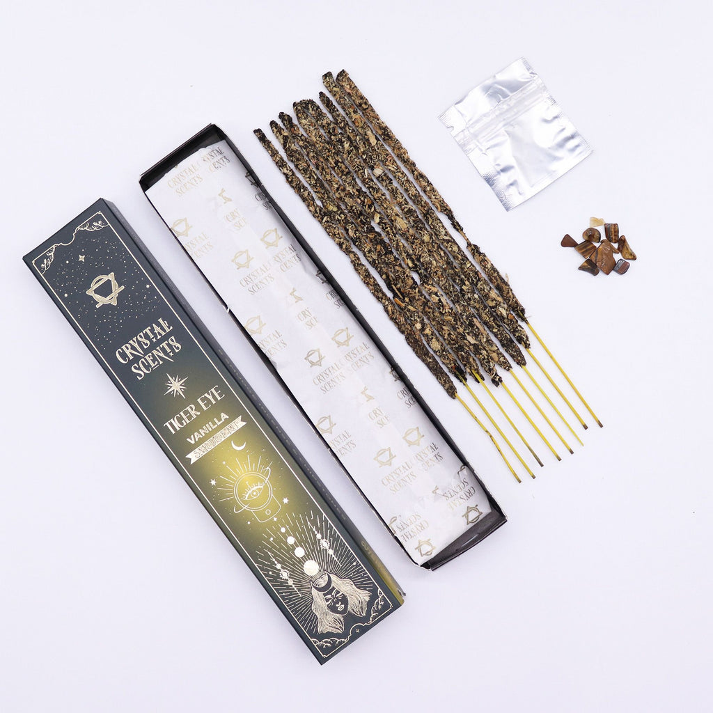Incenso Crystal Scents con Occhio di Tigre - Vaniglia, 10 Bastoncini