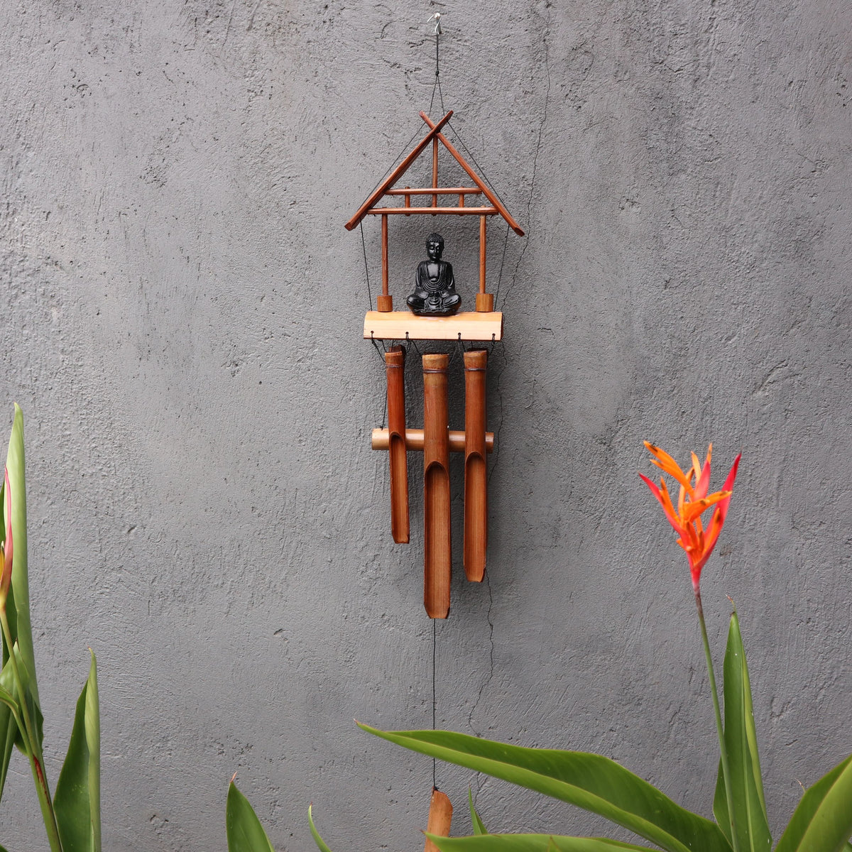 Carillon a Vento in Bambù Naturale con Buddha Nero - 6 Tubi