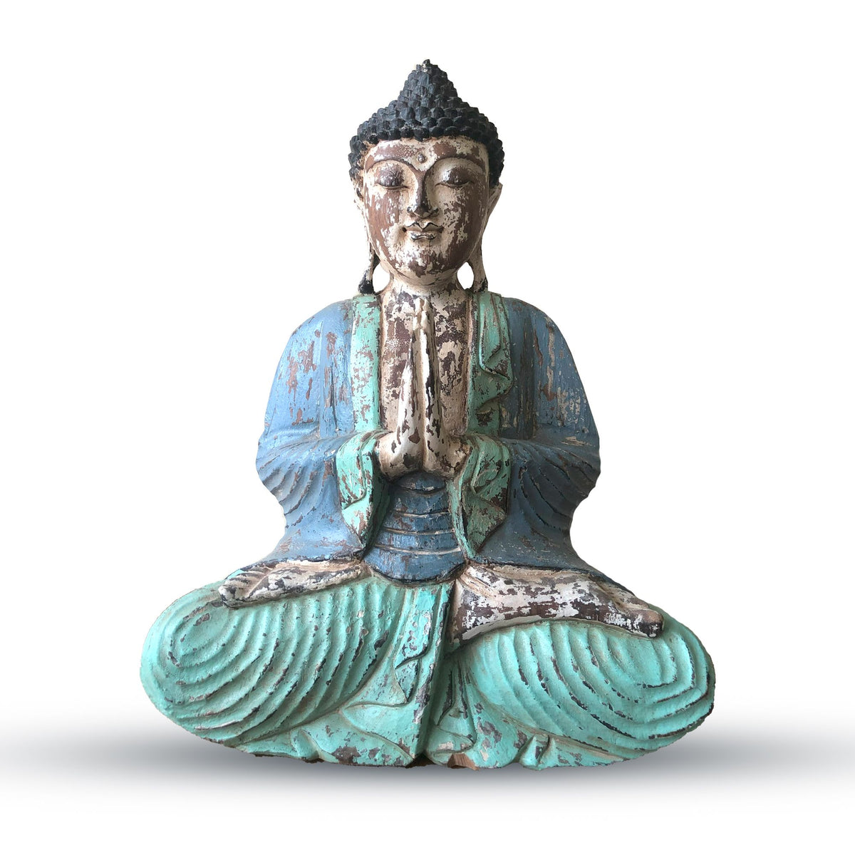 Statua Buddha Vintage Blu Menta Scolpita a Mano - 40cm - Benvenuto