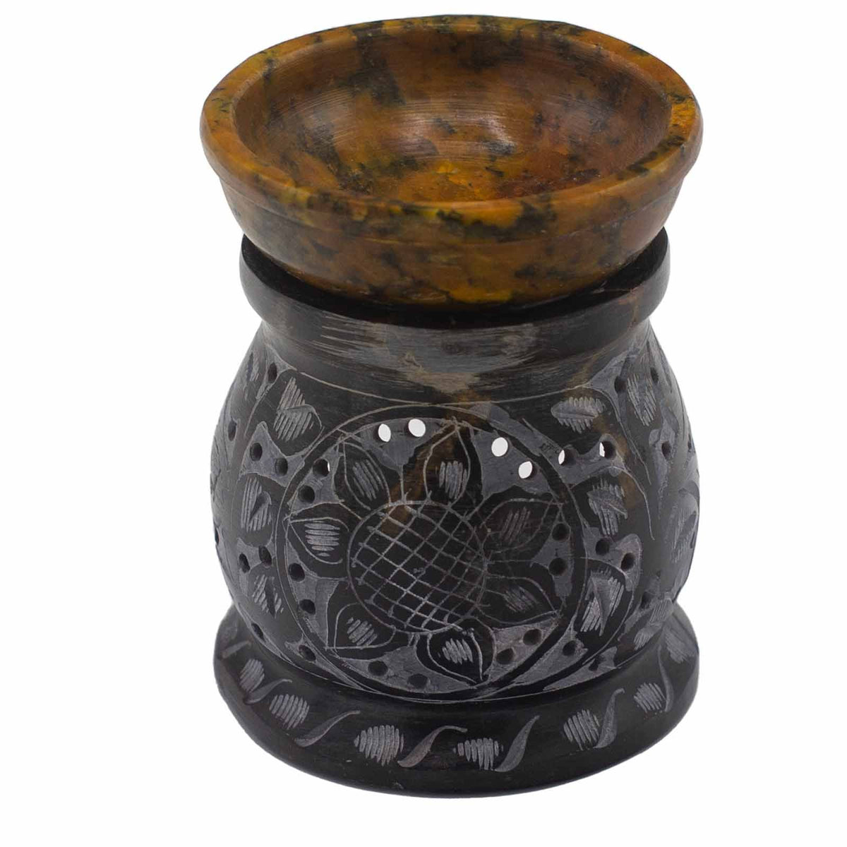 Bruciaessenze Fiore Mandala Nero e Giallo in Pietra Saponaria 10 cm