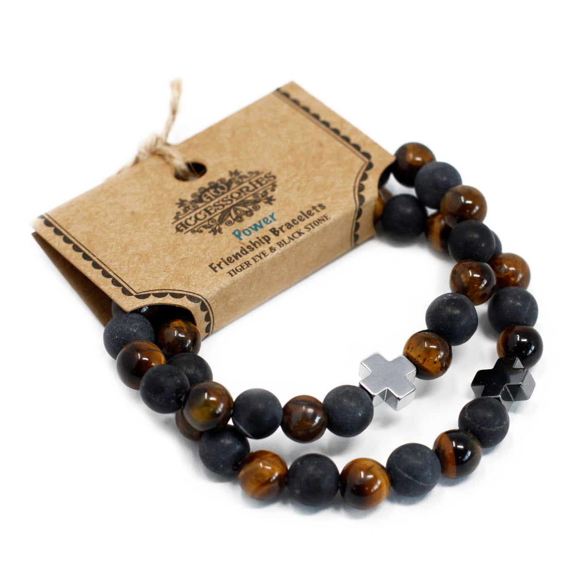 Set di 2 Bracciali dell'Amicizia in Pietre Preziose - Potere - Occhio di Tigre & Pietra Nera