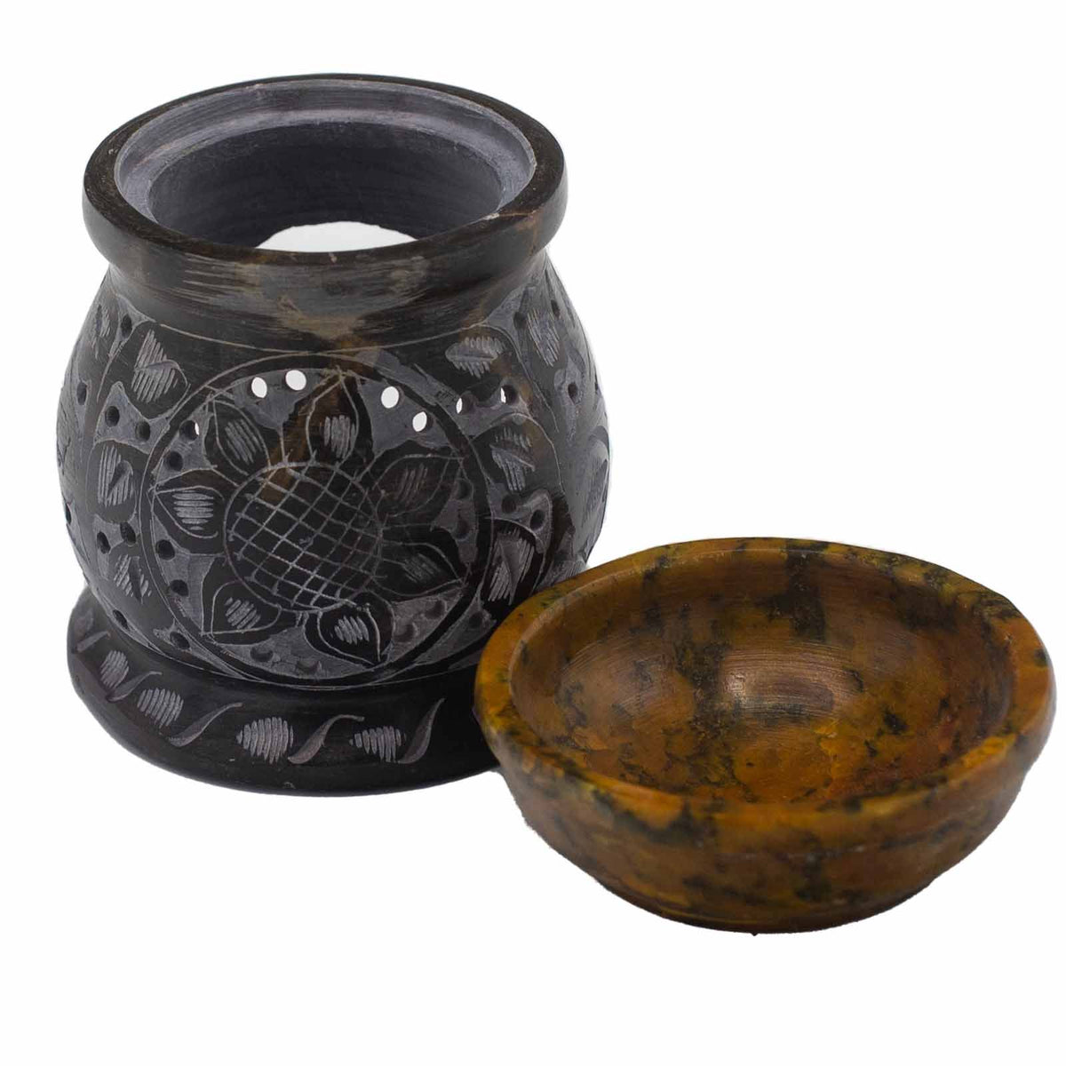 Bruciaessenze Fiore Mandala Nero e Giallo in Pietra Saponaria 10 cm