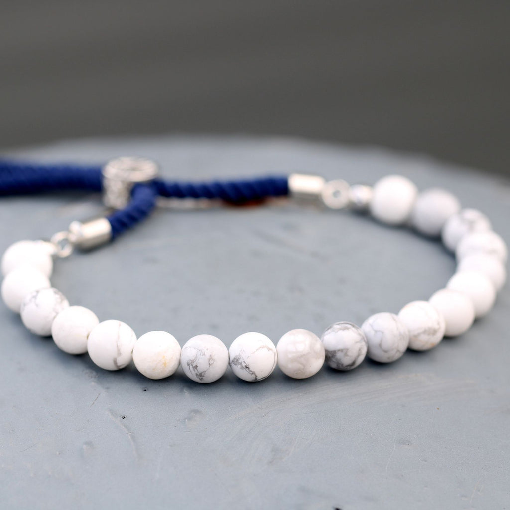 Bracciale con Cordino Navy Placcato Argento 925 - Howlite Bianco
