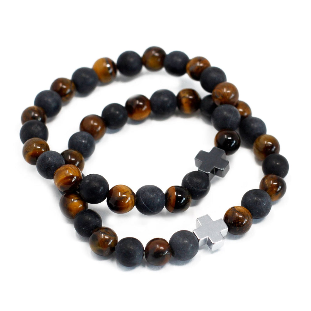 Set di 2 Bracciali dell'Amicizia in Pietre Preziose - Potere - Occhio di Tigre & Pietra Nera