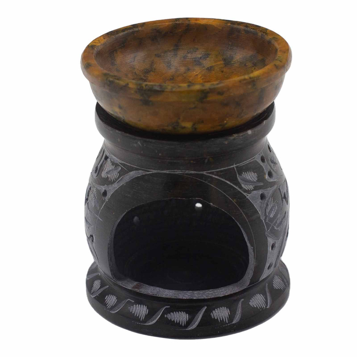 Bruciaessenze Fiore Mandala Nero e Giallo in Pietra Saponaria 10 cm