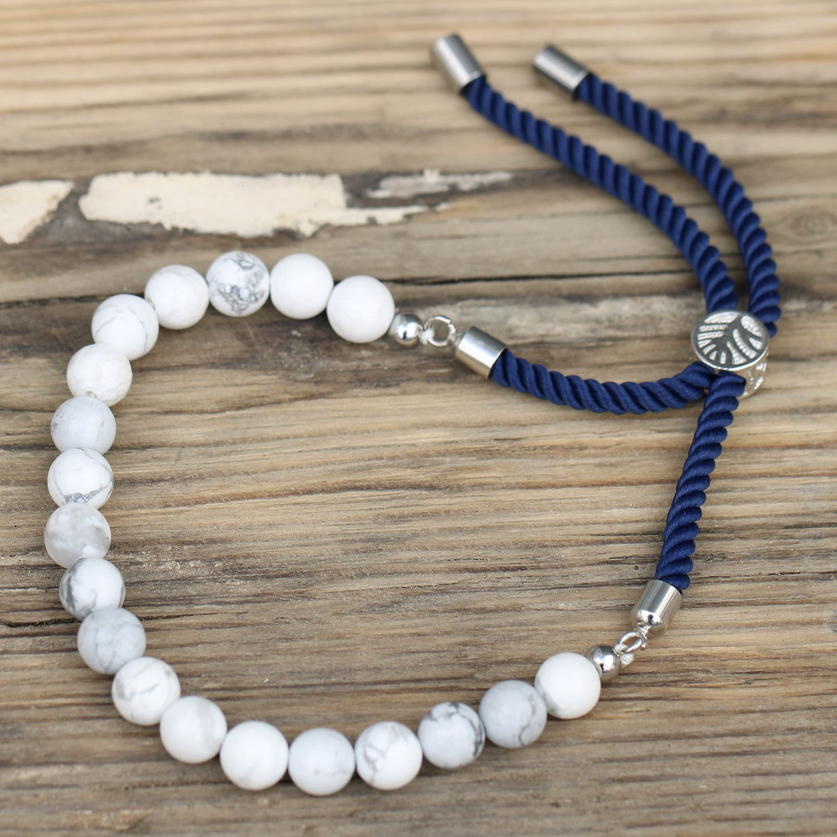 Bracciale con Cordino Navy Placcato Argento 925 - Howlite Bianco
