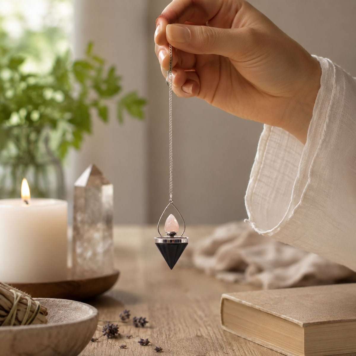 Lanterna della Vita - Pendolo in Agata Nera e Quarzo Rosa