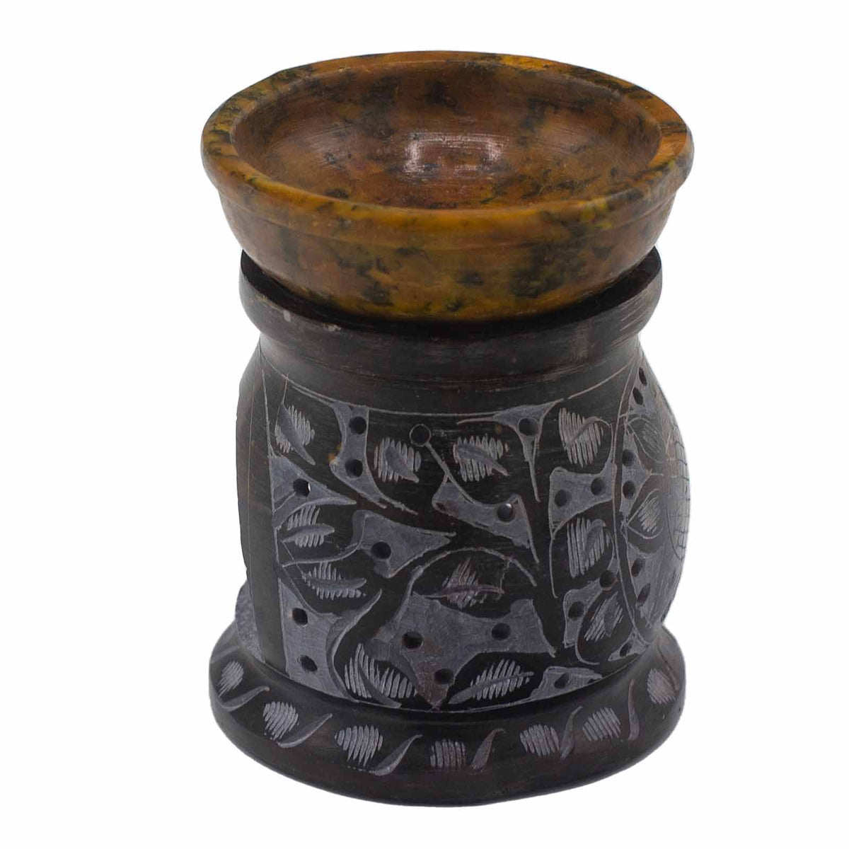 Bruciaessenze Fiore Mandala Nero e Giallo in Pietra Saponaria 10 cm
