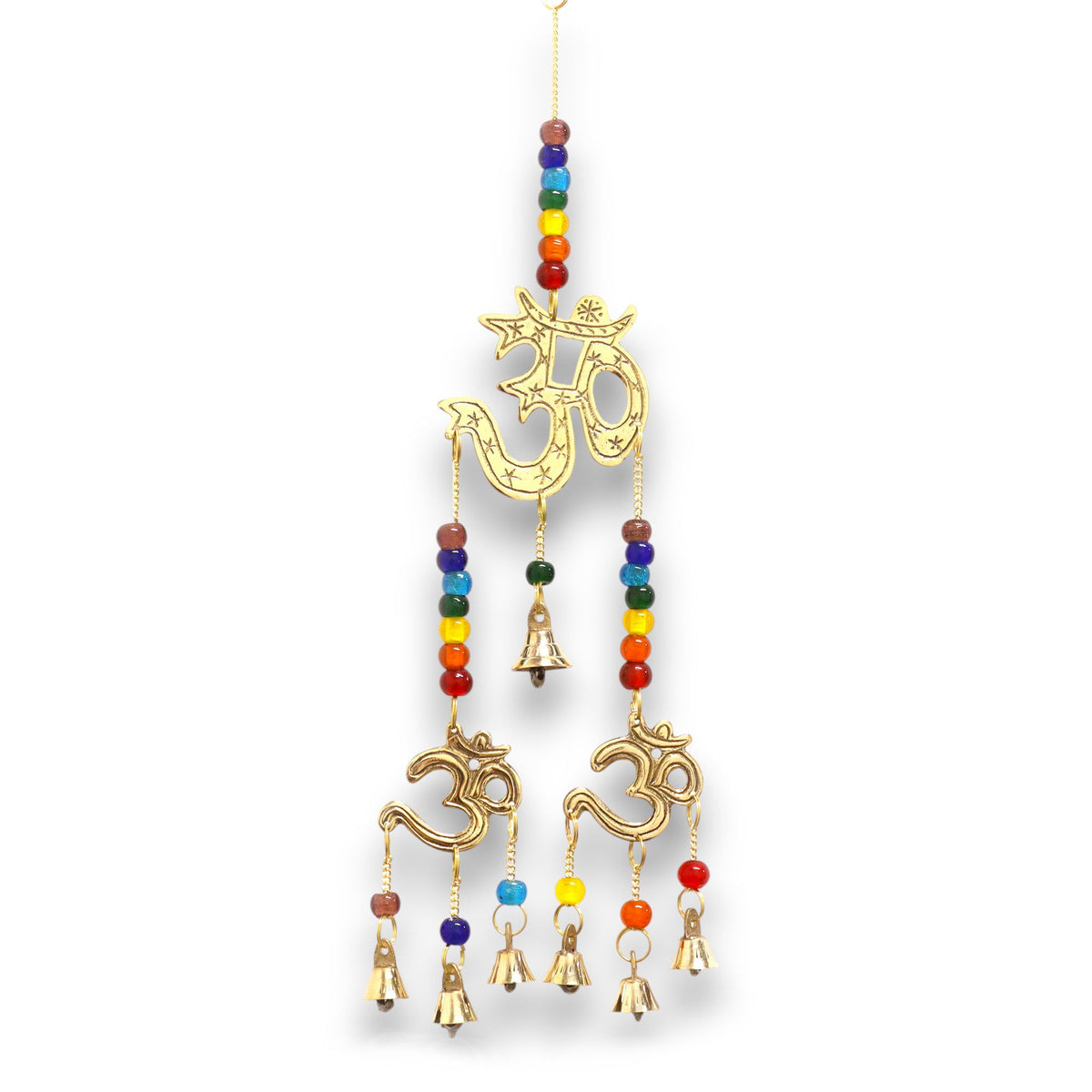 Campanelli Indiani - Om in Ottone con Perle Chakra - 7 Campane - 9,5x32cm
