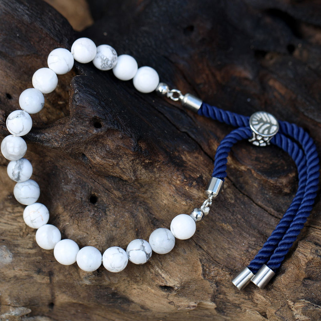 Bracciale con Cordino Navy Placcato Argento 925 - Howlite Bianco
