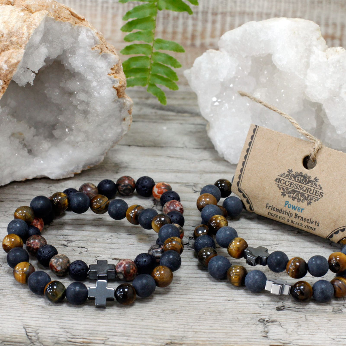 Set di 2 Bracciali dell'Amicizia in Pietre Preziose - Potere - Occhio di Tigre & Pietra Nera