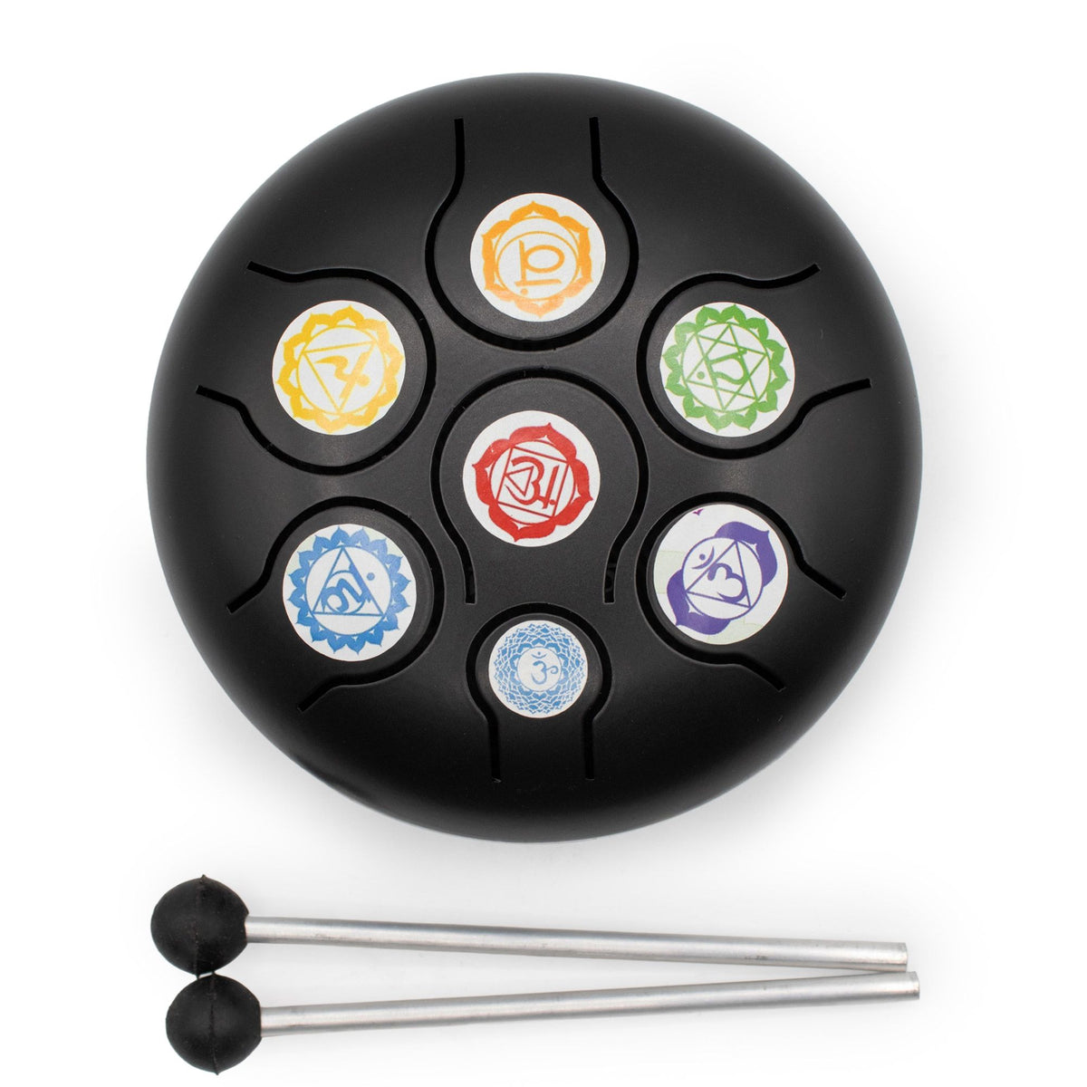 Happy Drum dal registro medio-basso – Nero con chakra, 14 × 7 cm