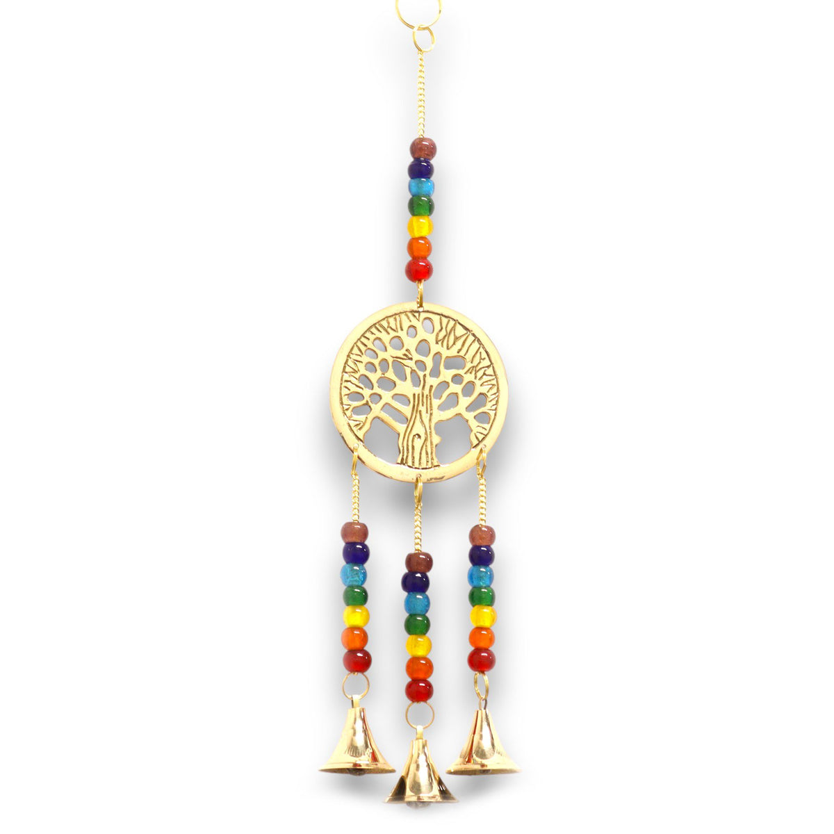 Campanelli Indiani - Albero della Vita in Ottone con Perle Chakra - 3 Campane - 6,5x31cm