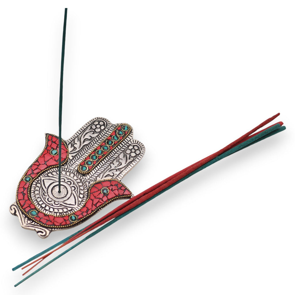 Portaincenso Hamsa Piccolo Rosso e Verde - 13 x 5,5 cm