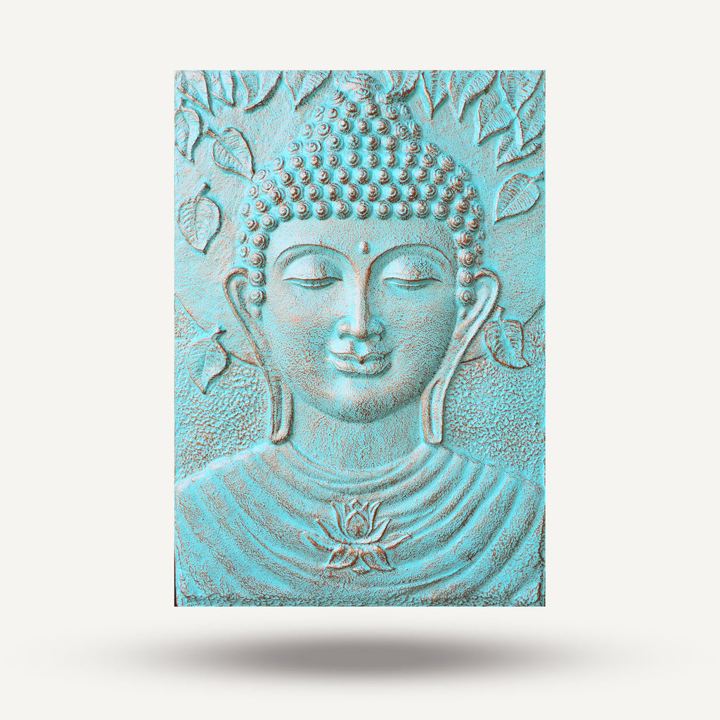 Grande Cornice in Ferro Buddha Turchese in Rilievo - 0,7x1m