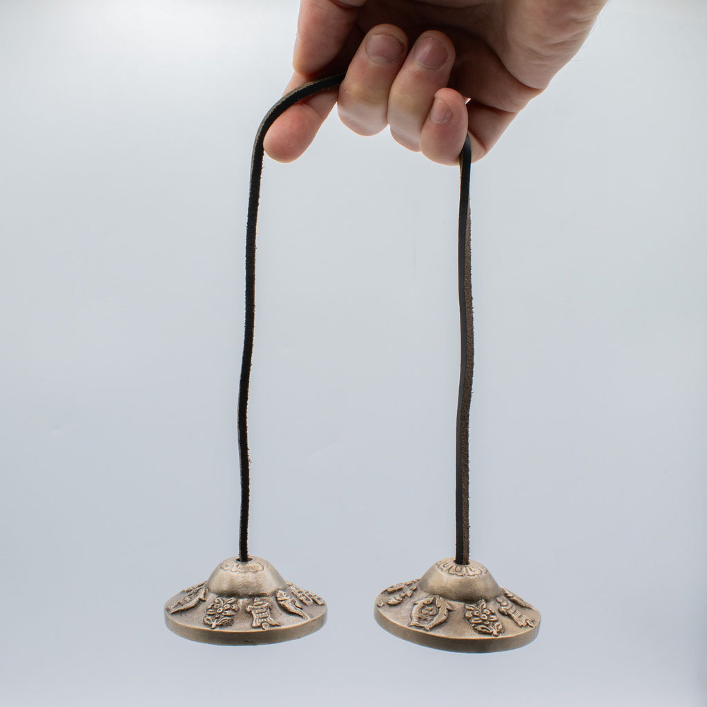 Tingsha tibetani in ottone di qualità superiore – Simboli portafortuna, circa 6 cm