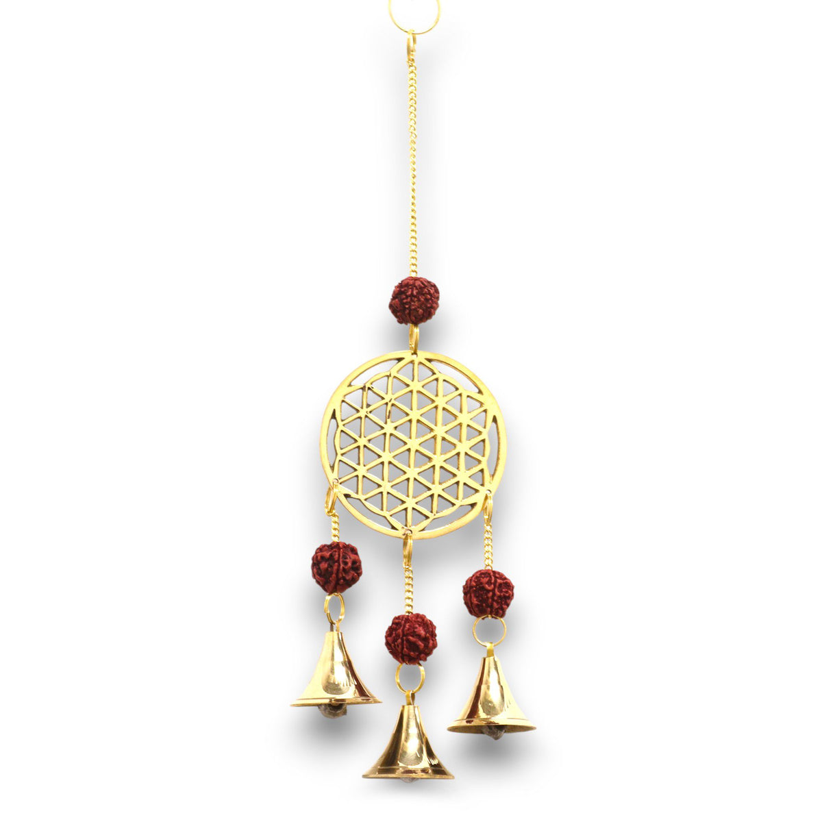 Campanelli Indiani - Fiore della Vita in Ottone con Perle Rudraksha - 3 Campane - 6x27cm