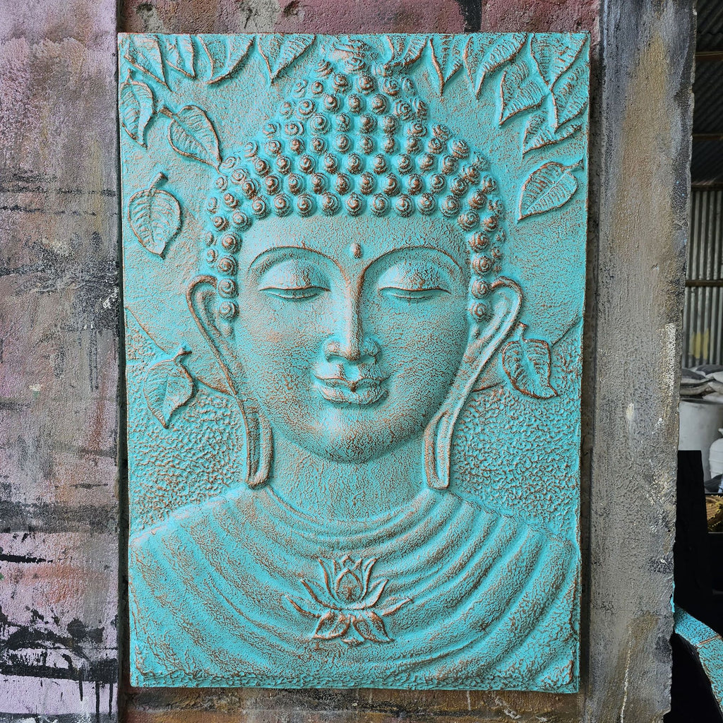 Grande Cornice in Ferro Buddha Turchese in Rilievo - 0,7x1m
