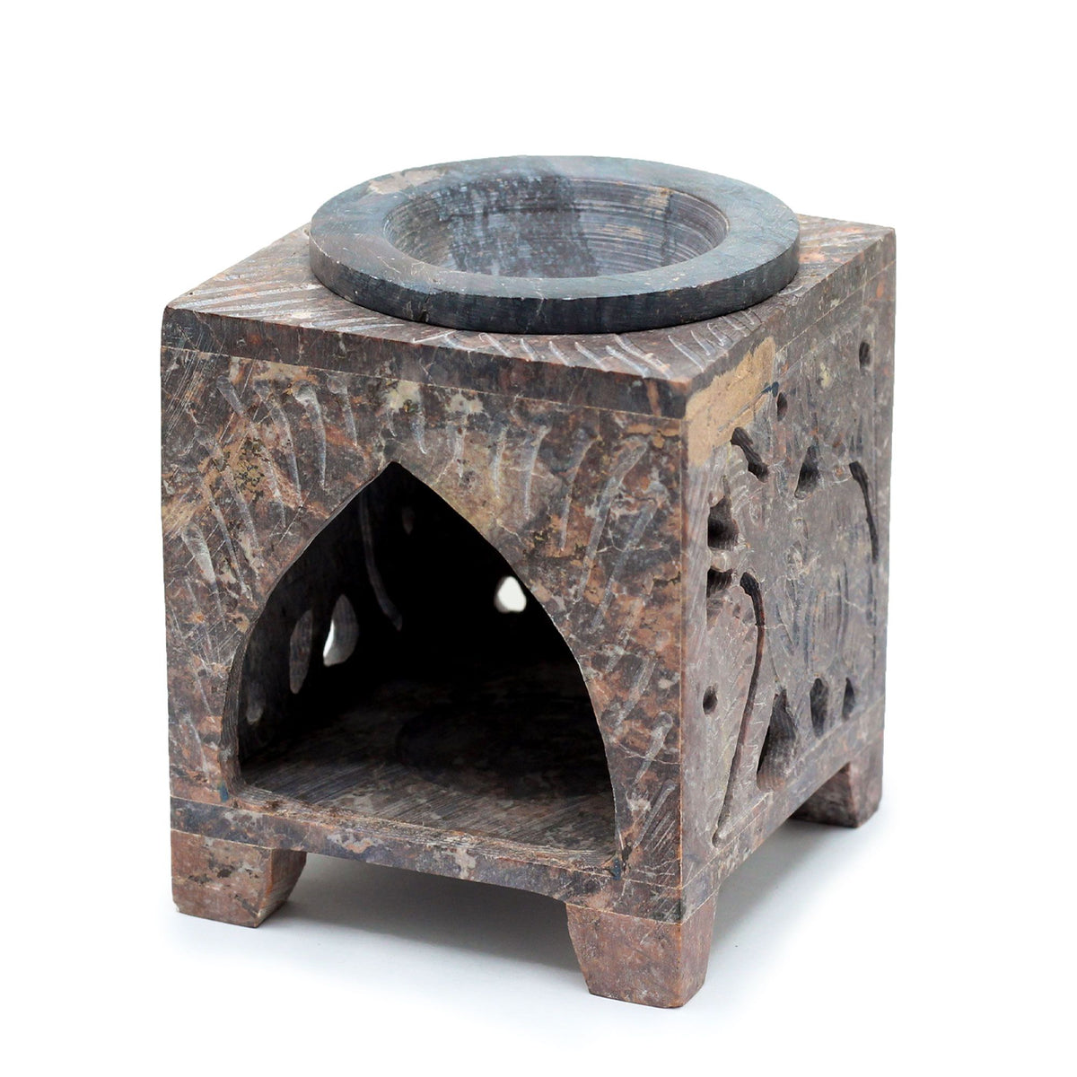Bruciaessenze Quadrato con Elefanti in Pietra Saponaria 10 × 7,5 cm