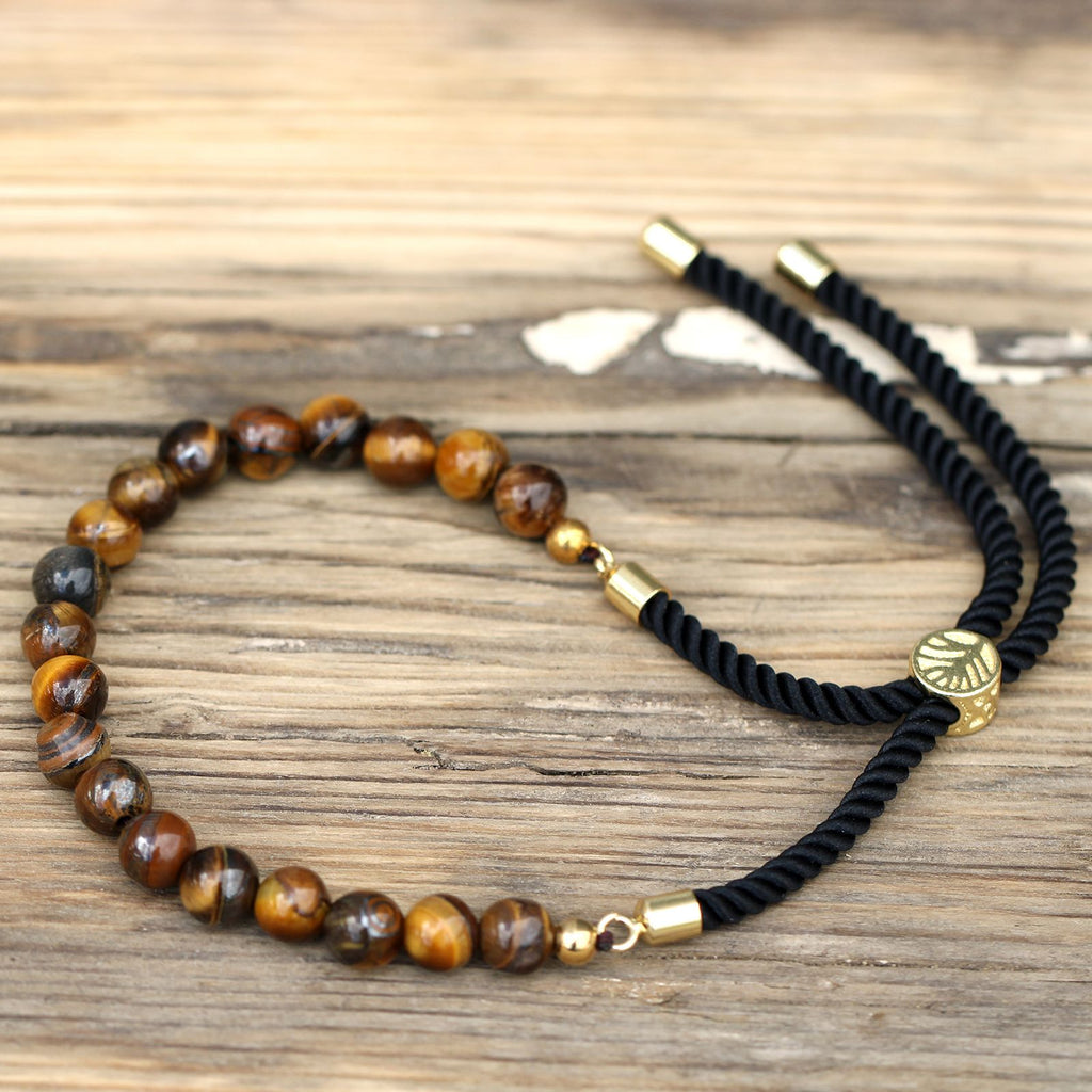 Bracciale con Cordino Nero Placcato Oro 18K - Occhio di Tigre