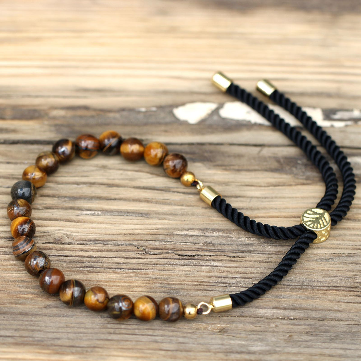 Bracciale con Cordino Nero Placcato Oro 18K - Occhio di Tigre