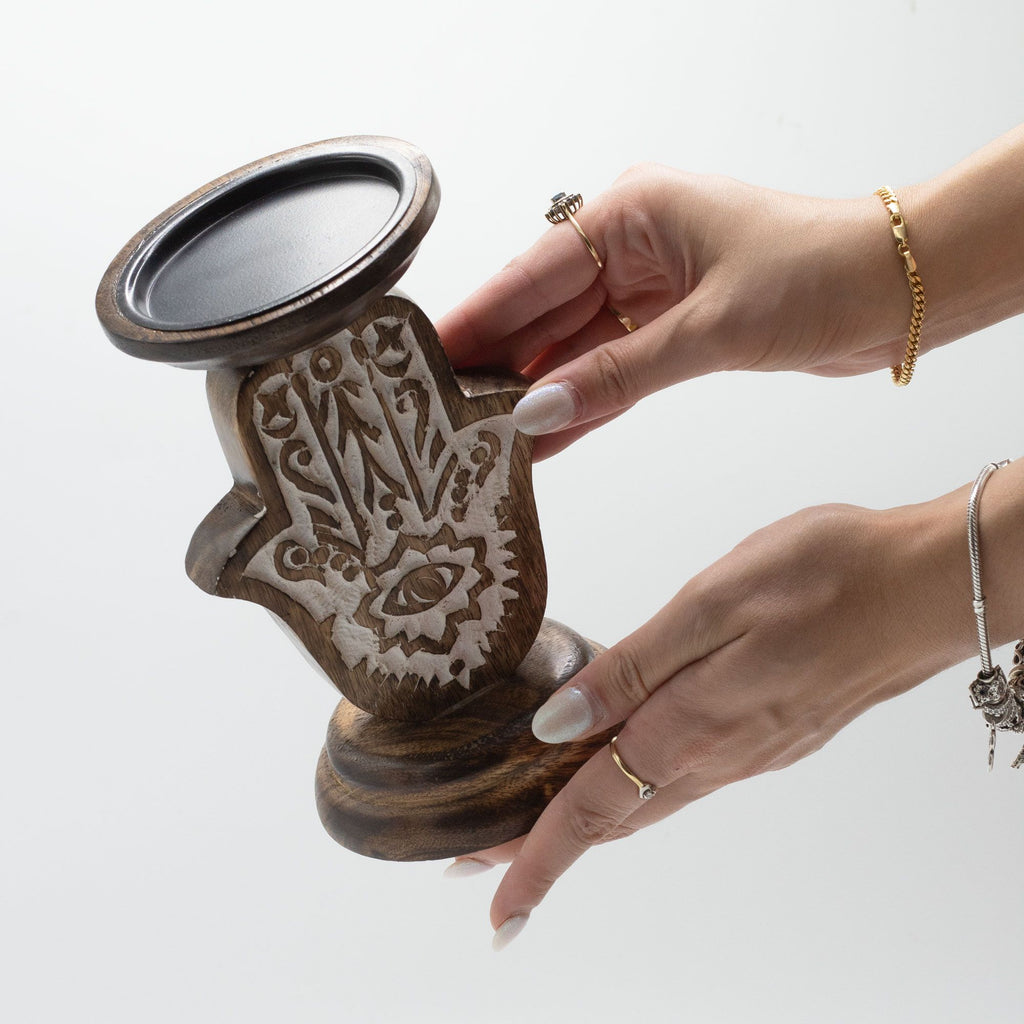 Supporto per Candela in Legno di Mango - Hamsa - Piccolo 18 × 11 cm