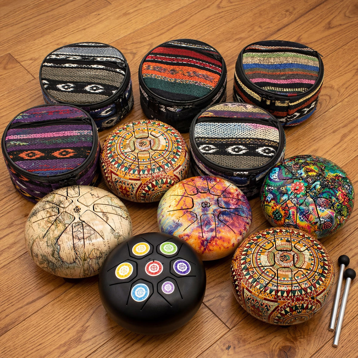 Happy Drum dal registro medio-basso – Mandala a foglie, 14 × 7 cm