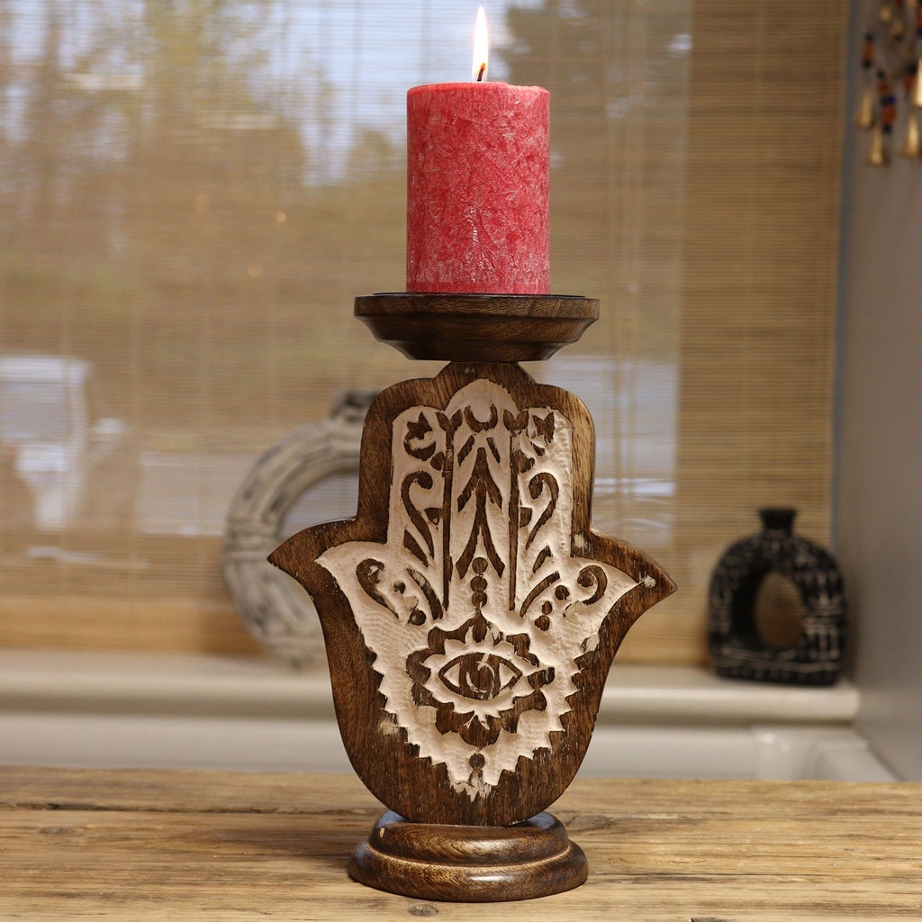 Supporto per Candela in Legno di Mango - Hamsa - Piccolo 18 × 11 cm