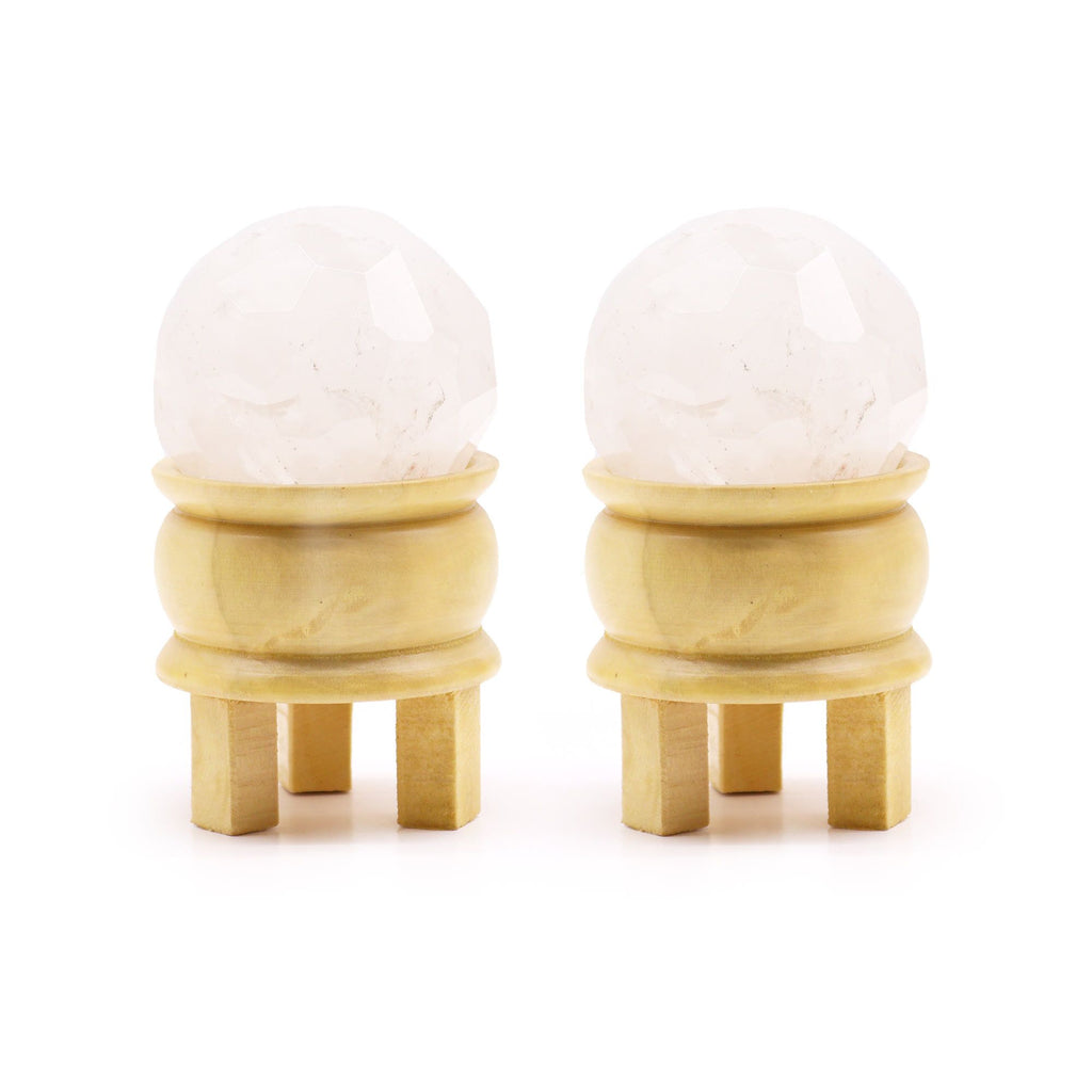 Sfera Sfaccettata in Quarzo Ialino con Supporto in Legno - 5 cm