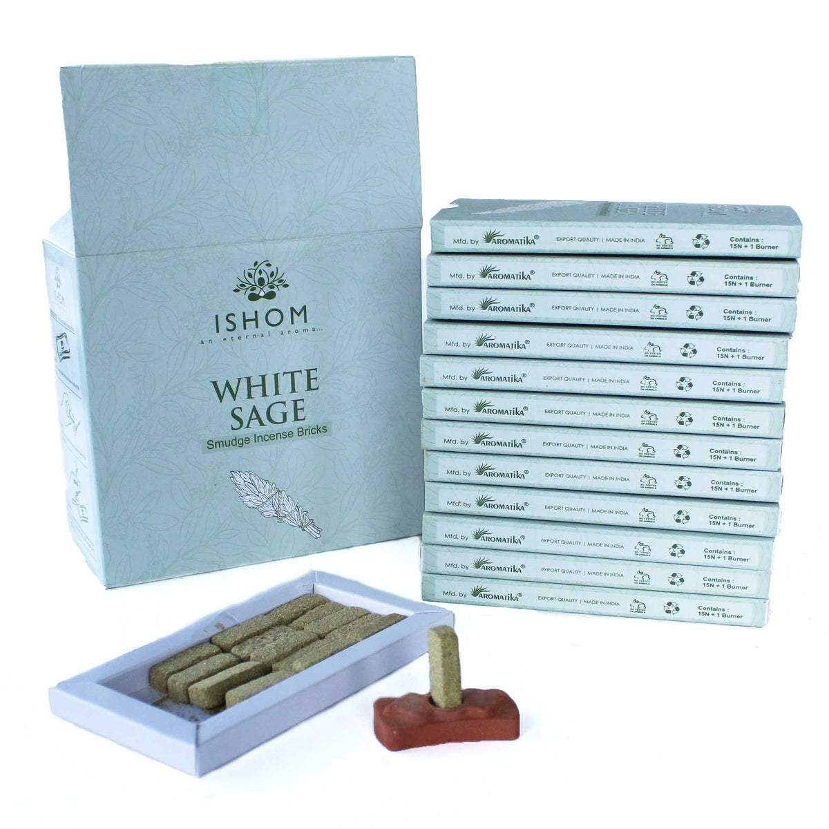Confezione da 15 mattoncini di incenso in resina e bruciatore - Salvia bianca